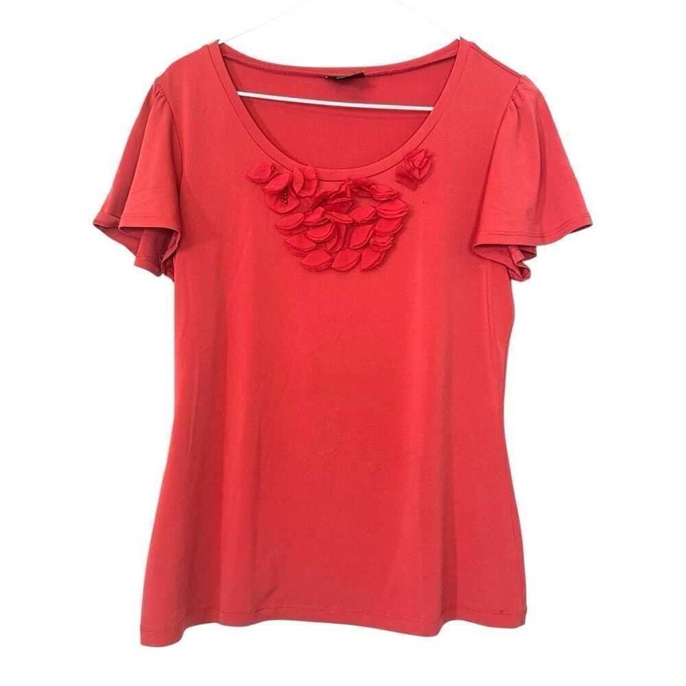 East 5th Flutter Sleeve Applique Flower Scoop Neck Casual Blouse Top Red Small